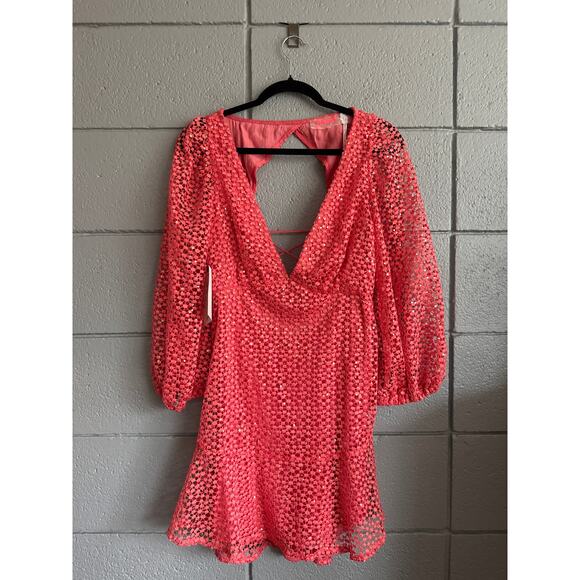 NWT Women's Free People Kaya Lace Sequin Mini Dress Size M in Coral Glam Sparkle - Picture 1 of 5